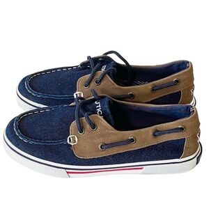 Youth Nautica Blue and Tan Denim Boat Shoes Size 1Y